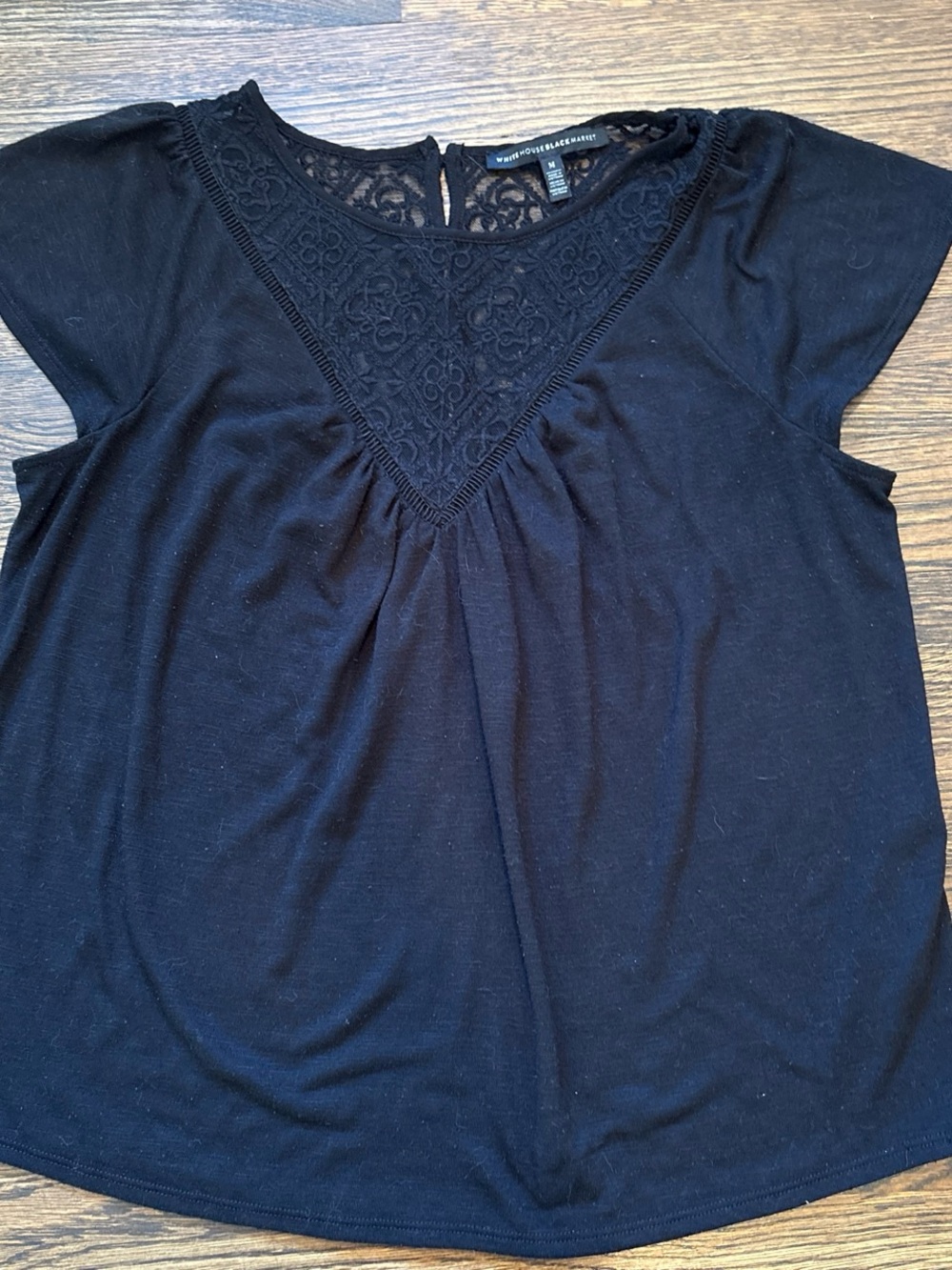 White House Black Market Black Lace Inset Short Sleeve Top